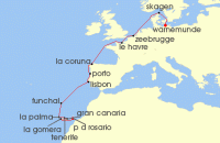 Cruise itinerary map for AIDA 15 Nacht Von Fuerteventura uber Portugal nach Warnemunde (134627)