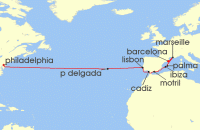 Cruise itinerary map for Norwegian Cruise Line 14 Night Transatlantic from Philadelphia to Barcelona: France & Spain (142735)