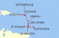 Cruise itinerary map for Silversea Cruises 7 Night Philipsburg, St. Maarten To Bridgetown (113903)