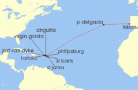 Cruise itinerary map for Windstar Cruises 21 Night Star Collector: Spectacular Transatlantic Journey: Caribbean to the Azores (124738)