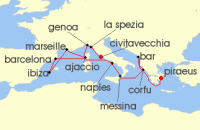 Cruise itinerary map for Princess Cruises 14 Night Western Mediterranean with Greece & Italy (138518)