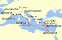 Cruise itinerary map for Azamara Cruises 20 Night Cruise Egypt, Italy & France Cruise: Alexandria, Amalfi Coast & Nice (140554)