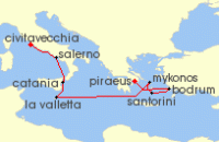 Cruise itinerary map for Virgin Voyages 9 Night Mediterranean: Athens to Rome (142601)