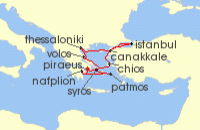 Cruise itinerary map for Azamara Cruises 11 Night Cruise Greece & Turkey Cruise: Athens, Istanbul & Syros (134159)