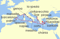 Cruise itinerary map for Princess Cruises 21 Night The Best of the Mediterranean (138636)