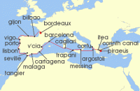 Cruise itinerary map for Windstar Cruises 24 Night Star Collector: Greek Beaches, Italian Isles & Iberian Coastlines (123909)