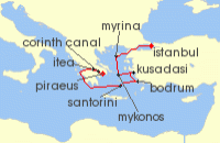 Cruise itinerary map for Windstar Cruises 8 Night Aegean Sea Odyssey via the Corinth Canal (122158)