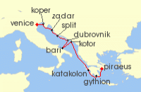 Cruise itinerary map for Silversea Cruises 10 Night Athens (Piraeus) To Fusina (Venice) (139895)