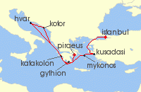 Cruise itinerary map for Regent Seven Seas Cruises 10 Night Mysteries & Marvels Athens (Piraeus) To Istanbul (135986)