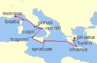 Cruise itinerary map for Hapag Lloyd 11 Night Island Dreams In The Mediterranean (Piraeus (Athens) - Monte Carlo) (119652)
