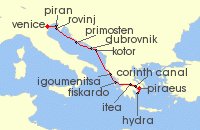 Cruise itinerary map for SeaDream Yacht Club 11 Night Greek Isles & the Adriatic (141340)
