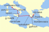 Cruise itinerary map for Star Clippers 11 Night Athens To Rome (141713)