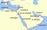 Cruise itinerary map for Regent Seven Seas Cruises 21 Night Path Of The Great Empires Athens (Piraeus) To Doha (136071)