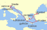 Cruise itinerary map for Silversea Cruises 12 Night Athens (Piraeus) To Fusina (Venice) (141524)
