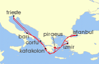 Cruise itinerary map for MSC Cruises 9 Night Mediterranean (115422)