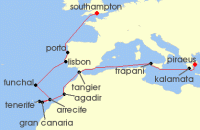 Cruise itinerary map for Fred Olsen Cruise Lines 21 Night Greece, Morocco & the Canary Islands (133628)
