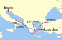 Cruise itinerary map for MSC Cruises 6 Night Mediterranean (138425)