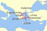 Cruise itinerary map for Azamara Cruises 7 Night Cruise Greece Intensive Cruise: Thessaloniki, Volos & Mykonos (133510)