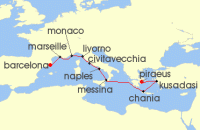 Cruise itinerary map for Viking Cruises 14 Night Mediterranean Antiquities (129906)