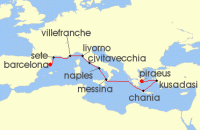 Cruise itinerary map for Viking Cruises 14 Night Mediterranean Antiquities (121455)