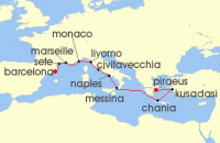 Cruise itinerary map for Viking Cruises 14 Night Mediterranean Antiquities (110723)