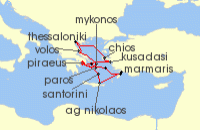 Cruise itinerary map for Azamara Cruises 14 Night Cruise Greece Intensive Cruise: Volos, Mykonos & Santorini (134267)