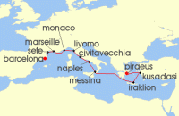 Cruise itinerary map for Viking Cruises 14 Night Mediterranean Antiquities (138106)