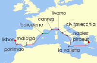 Cruise itinerary map for Regent Seven Seas Cruises 12 Night Radiant Coasts Athens (Piraeus) To Lisbon (123699)