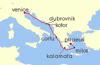 Cruise itinerary map for Crystal Cruises 7 Night Europe & Mediterranean - Piraeus Athens To Fusina Venice (130946)
