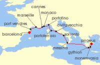 Cruise itinerary map for Windstar Cruises 14 Night Star Collector: Riches of the Rivieras, Romans, and Greeks (138407)