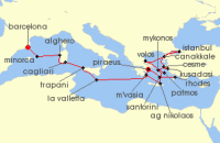 Cruise itinerary map for Seabourn 21 Night Mediterranean Mosaic: Greece, Ephesus, Italy & Spain (137138)