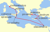 Cruise itinerary map for Azamara Cruises 14 Night Cruise Egypt, Greece & Italy Cruise: Alexandria, Crete & Salerno (134266)