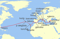 Cruise itinerary map for Oceania Cruises 33 Night Isles & Rivieras Athens to Miami (138191)