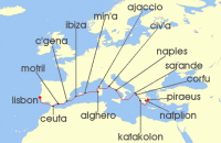 Cruise itinerary map for Seabourn 16 Night Treasures Of Greece & Andalusia (126629)