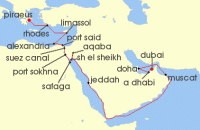 Cruise itinerary map for Norwegian Cruise Line 21 Night Middle East from Athens to Dubai: Greece, Qatar, Egypt & Jordan (139372)