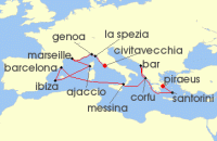 Cruise itinerary map for Princess Cruises 14 Night Western Mediterranean with Greece & Italy (138424)