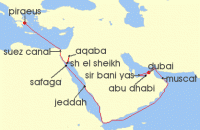 Cruise itinerary map for Regent Seven Seas Cruises 21 Night Masterpieces Of Petra Athens (Piraeus) To Dubai (123517)