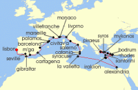Cruise itinerary map for Azamara Cruises 38 Night Cruise Athens To Lisbon Grand Voyage (134260)