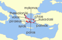 Cruise itinerary map for Azamara Cruises 10 Night Cruise Greece Intensive Cruise: Thessaloniki, Patmos & Mykonos (134248)