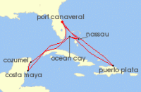 Cruise itinerary map for MSC Cruises 14 Night Caribbean & Bahamas (131859)