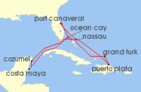Cruise itinerary map for MSC Cruises 14 Night Caribbean & Bahamas (142192)