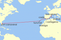 Cruise itinerary map for Royal Caribbean Cruises 14 Night Spain & Portugal Transatlantic (140466)