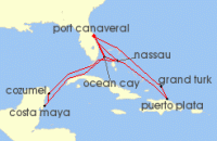 Cruise itinerary map for MSC Cruises 13 Night Caribbean & Bahamas (142193)