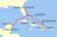 Cruise itinerary map for MSC Cruises 14 Night Caribbean & Bahamas (142194)