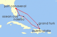 Cruise itinerary map for MSC Cruises 7 Night Caribbean & Bahamas (142770)