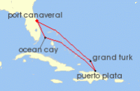 Cruise itinerary map for MSC Cruises 6 Night Caribbean & Bahamas (142202)
