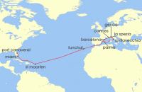Cruise itinerary map for MSC Cruises 20 Night MSC Grand Voyages (135961)