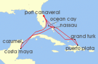 Cruise itinerary map for MSC Cruises 14 Night Caribbean & Bahamas (142201)