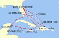 Cruise itinerary map for MSC Cruises 14 Night Caribbean & Bahamas (142761)