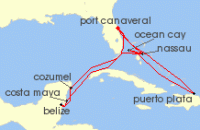 Cruise itinerary map for MSC Cruises 14 Night Caribbean & Bahamas (122493)